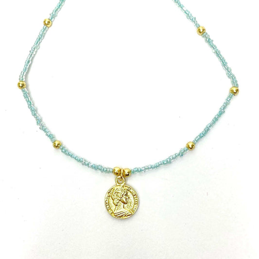 Baby blue Glass Bead Choker with Brass Coin Pendant - Asha Handicrafts - Flyclothing LLC