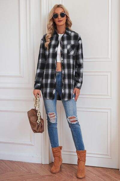 Plaid Button Up Dropped Shoulder Outerwear - Trendsi - Flyclothing LLC