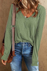 Exposed Seam V-Neck Long Sleeve T-Shirt - Trendsi - Flyclothing LLC
