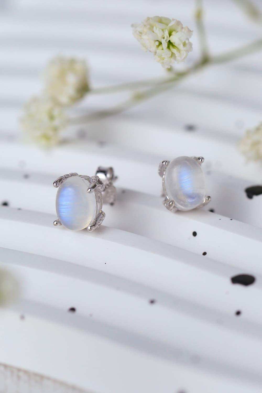 High Quality Natural Moonstone 925 Sterling Silver Stud Earrings - Trendsi - Flyclothing LLC