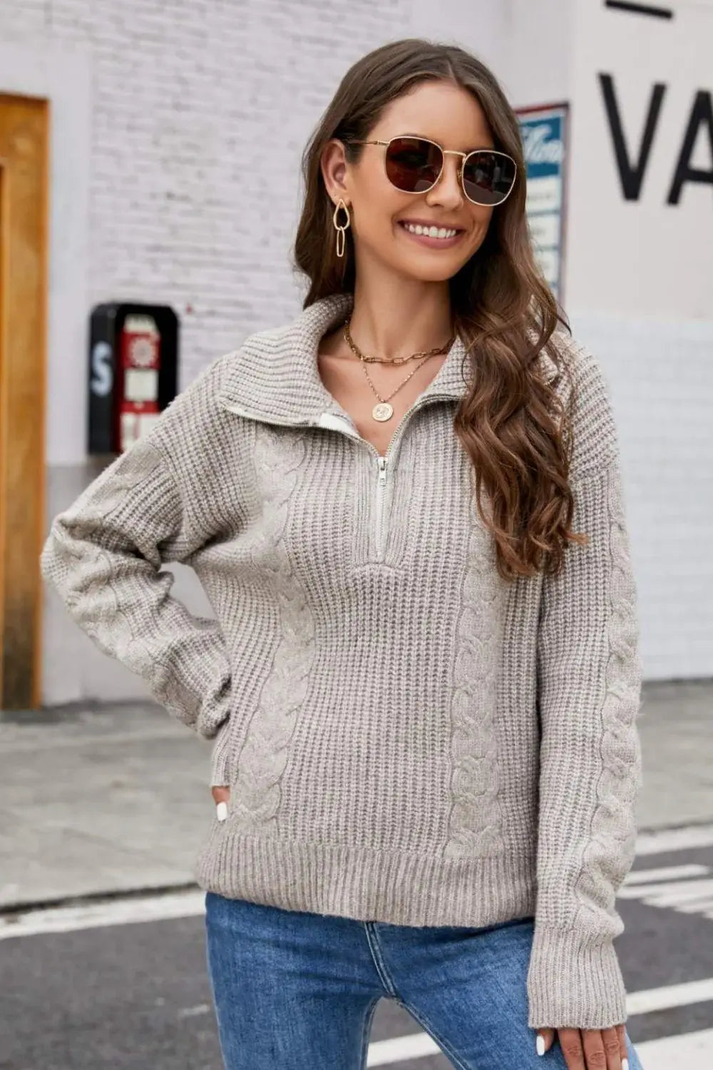 Half Zip Mixed Knit Collared Sweater - Trendsi - Flyclothing LLC