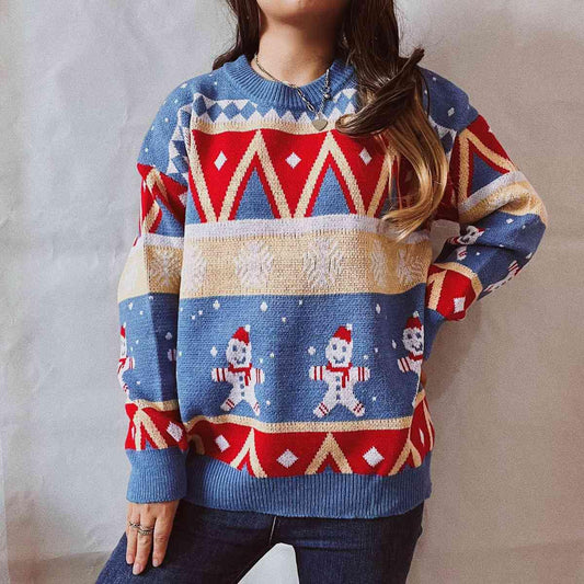 Printed Round Neck Long Sleeve Sweater - Trendsi