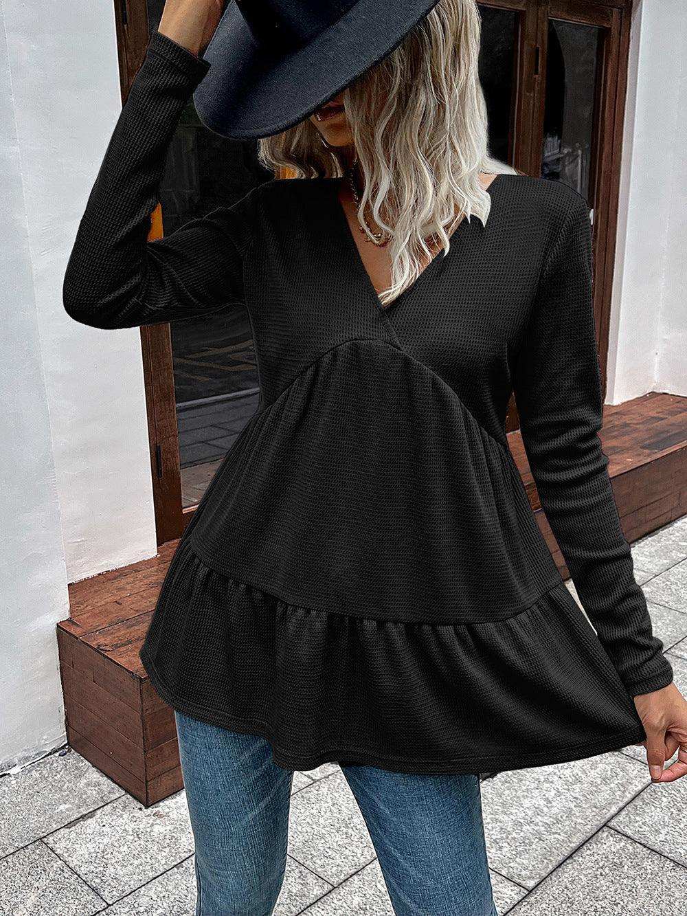 Waffle-knit V-Neck Long Sleeve Blouse - Trendsi - Flyclothing LLC
