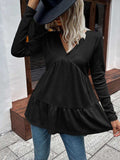 Waffle-knit V-Neck Long Sleeve Blouse - Trendsi - Flyclothing LLC