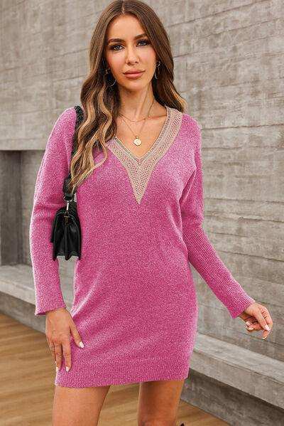 V-Neck Long Sleeve Mini Sweater Dress - Trendsi - Flyclothing LLC
