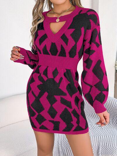 Contrast Round Neck Cutout Long Sleeve Mini Sweater Dress - Trendsi