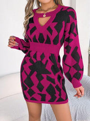 Contrast Round Neck Cutout Long Sleeve Mini Sweater Dress - Trendsi