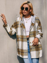 Plaid Dropped Shoulder Hooded Jacket - Trendsi - Flyclothing LLC