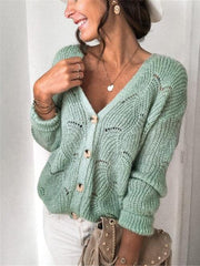 Openwork Button Up Long Sleeve Cardigan - Trendsi