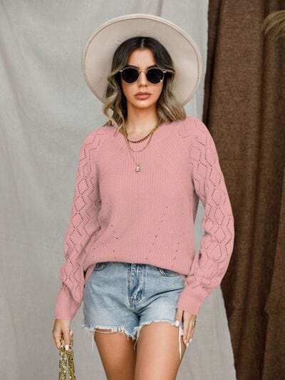 Openwork Round Neck Raglan Sleeve Sweater - Trendsi - Flyclothing LLC