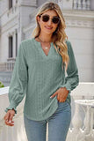 Eyelet Notched Lantern Sleeve T-Shirt - Trendsi - Flyclothing LLC