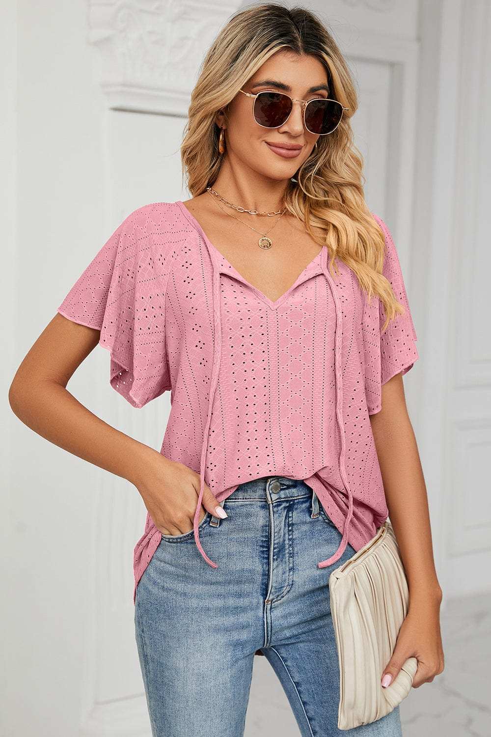 Eyelet Tie Neck Flutter Sleeve Blouse - Trendsi - Flyclothing LLC