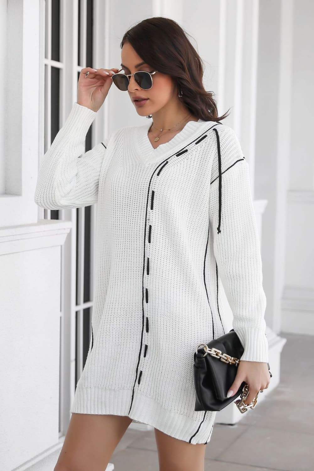 Contrast V-Neck Sweater Dress - Trendsi - Flyclothing LLC