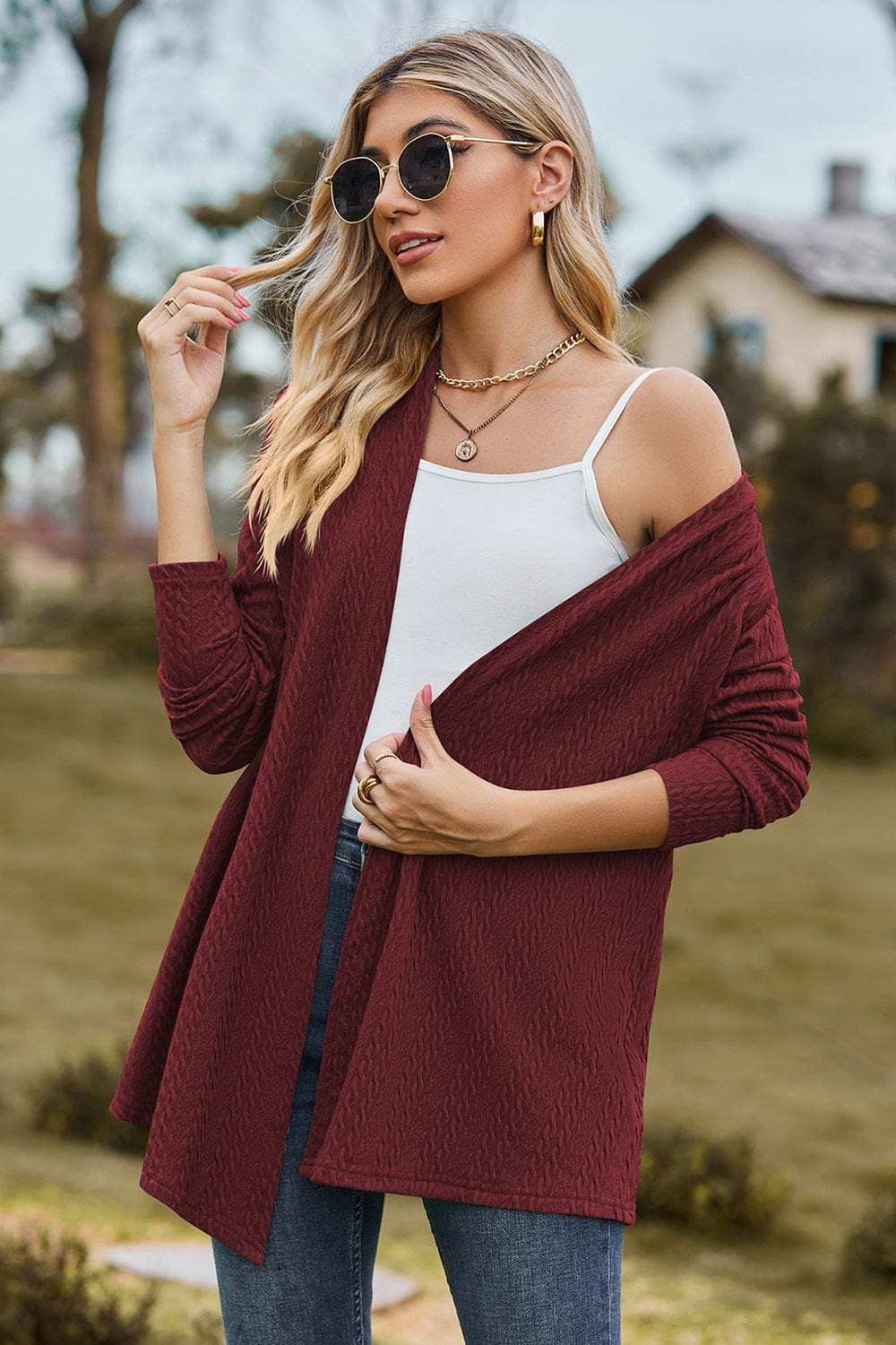 Textured Open Front Long Sleeve Cardigan - Trendsi - Flyclothing LLC