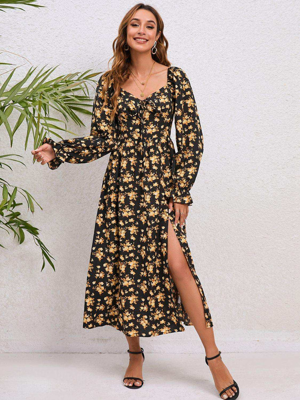 Flounce Sleeve Slit Midi Dress - Trendsi - Flyclothing LLC