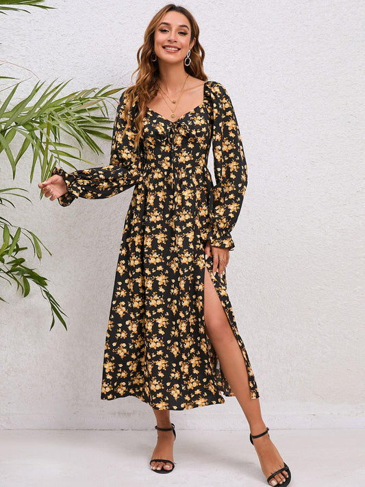 Flounce Sleeve Slit Midi Dress - Trendsi