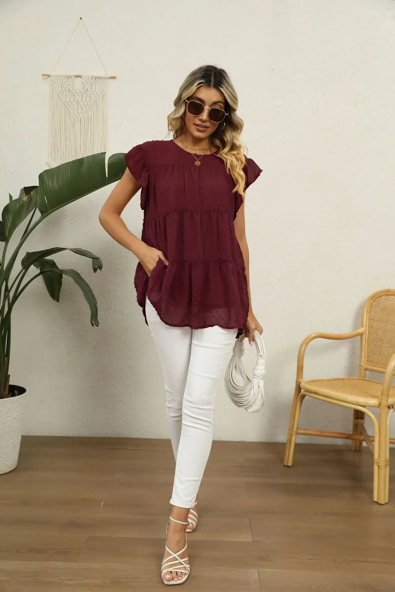 Swiss Dot Round Neck Tiered Blouse - Trendsi - Flyclothing LLC