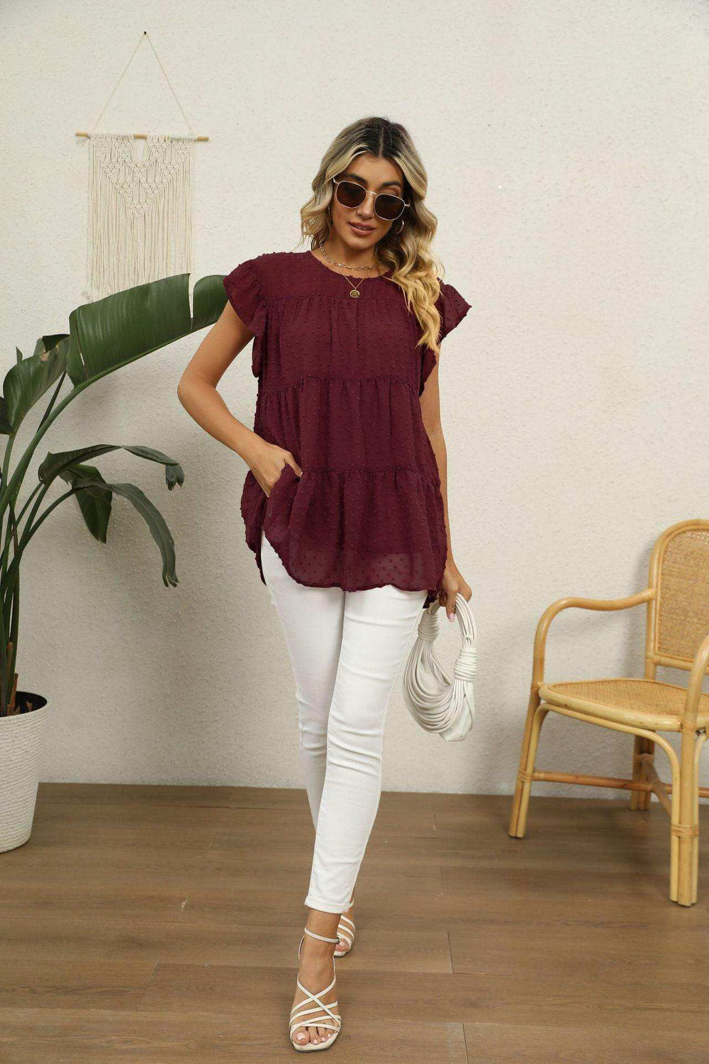 Swiss Dot Round Neck Tiered Blouse - Trendsi - Flyclothing LLC