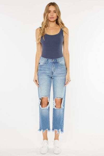 Kancan High Waist Chewed Up Straight Mom Jeans - Trendsi - Flyclothing LLC