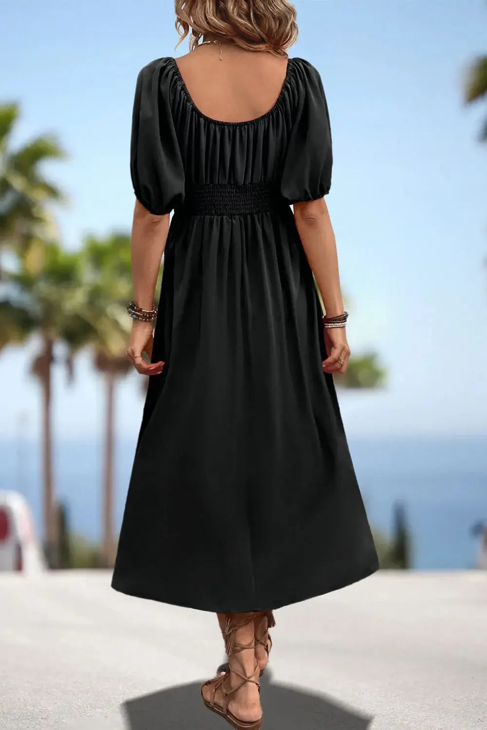 Square Neck Smocked Waist Puff Sleeve Midi Dress - Trendsi - Flyclothing LLC