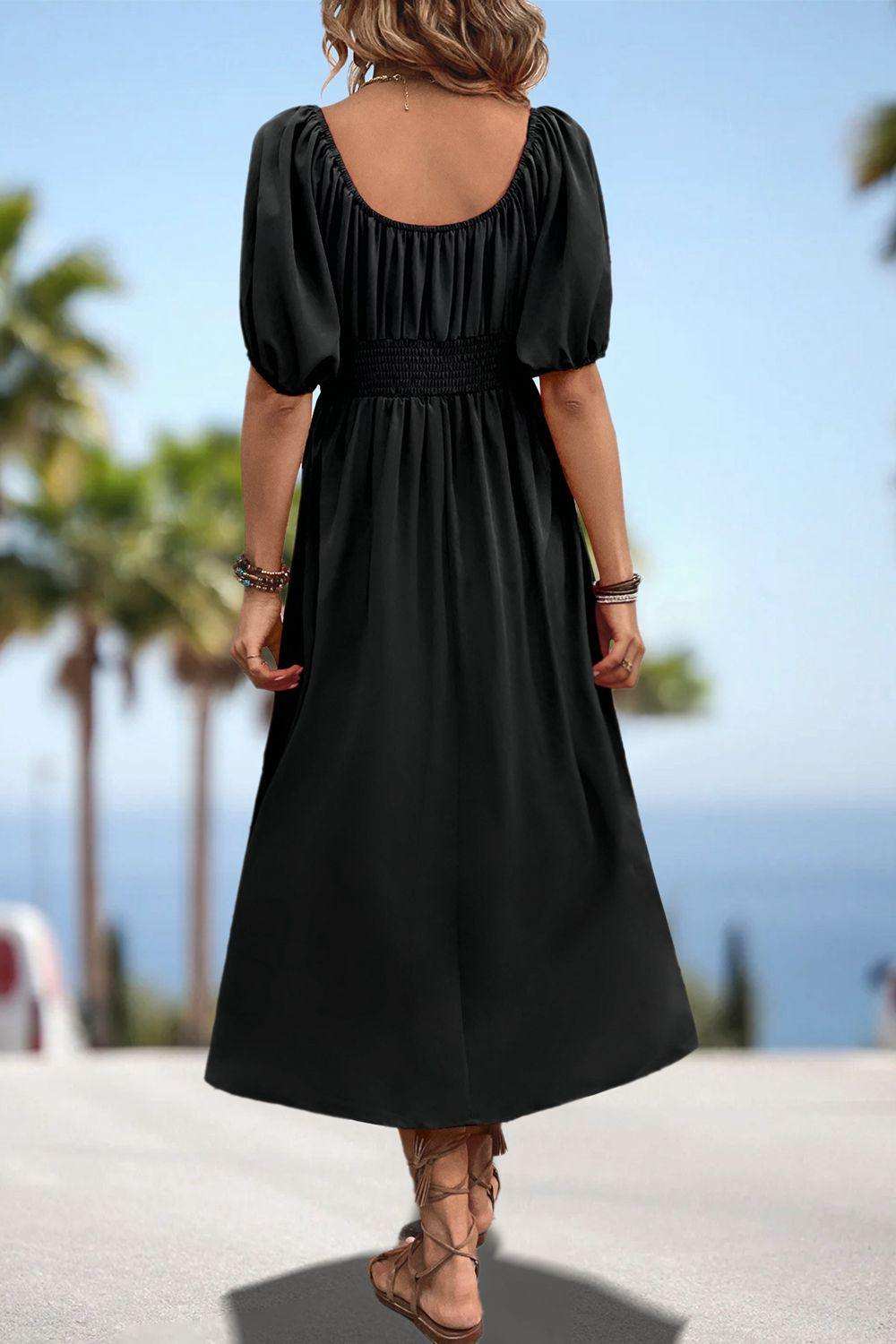 Square Neck Smocked Waist Puff Sleeve Midi Dress - Trendsi - Flyclothing LLC
