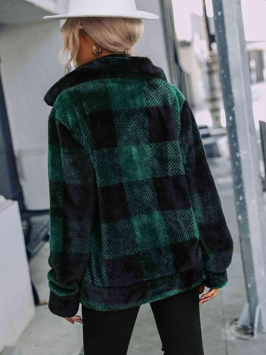Plaid Zip-Up Collared Jacket - Trendsi