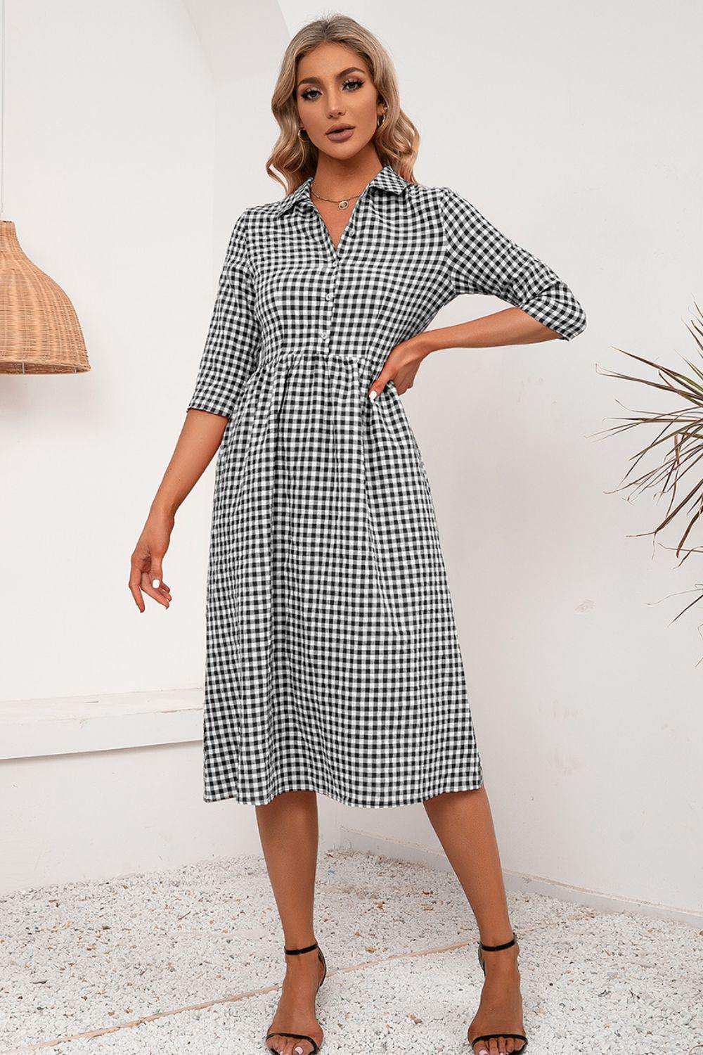 Plaid Collared Neck Midi Dress - Trendsi - Flyclothing LLC