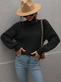 High Neck Balloon Sleeve Rib-Knit Pullover Sweater - Trendsi