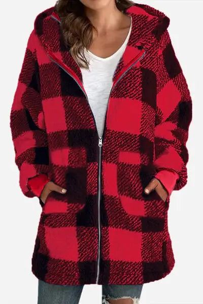 Double Take Full Size Plaid Long Sleeve Hooded Coat - Trendsi - Flyclothing LLC