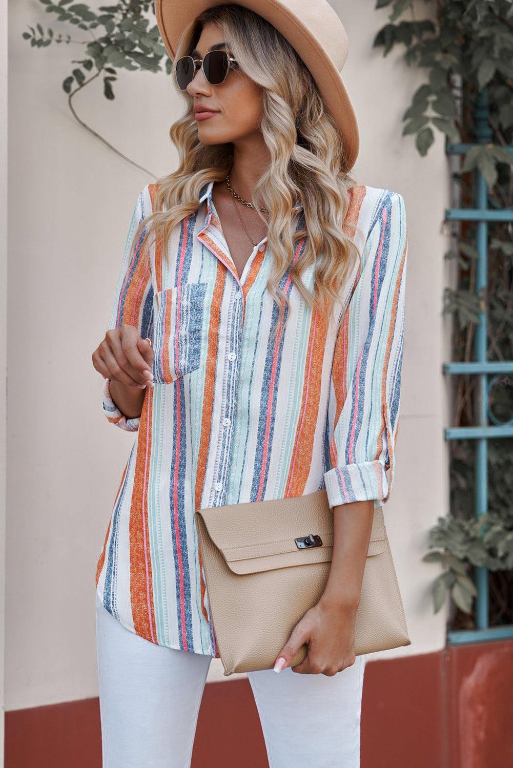 Striped Button-Up Curved Hem Shirt with Breast Pocket - Flyclothing LLC
