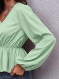 V-Neck Balloon Sleeve Peplum Blouse - Trendsi - Flyclothing LLC