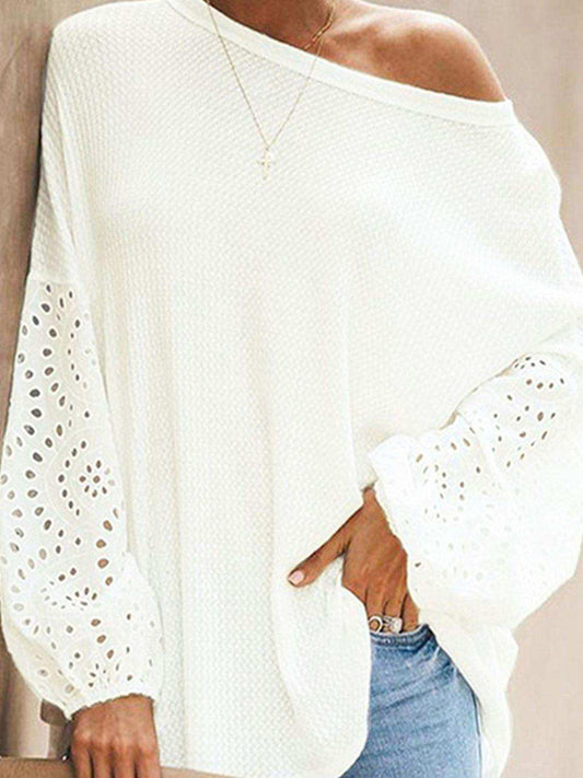 Openwork Dropped Shoulder Boat Neck Blouse - Trendsi - Flyclothing LLC