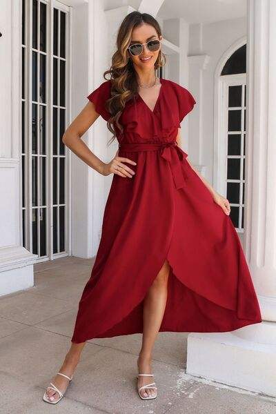 Ruffled Surplice Tie Waist Slit Midi Dress - Trendsi - Flyclothing LLC