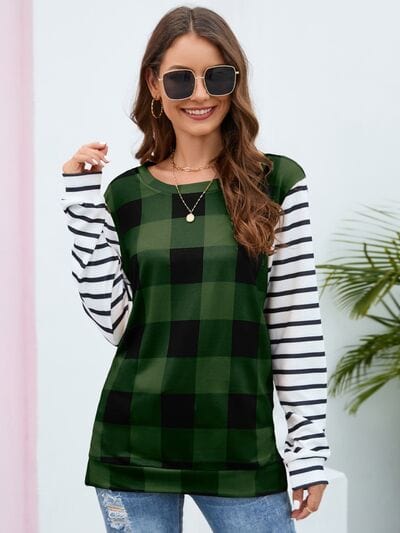Plaid Striped Round Neck Long Sleeve T-Shirt - Trendsi