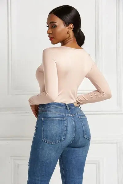 Half Zip Scoop Neck Long Sleeve Bodysuit - Trendsi - Flyclothing LLC