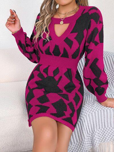 Contrast Round Neck Cutout Long Sleeve Mini Sweater Dress - Trendsi
