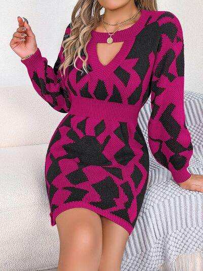 Contrast Round Neck Cutout Long Sleeve Mini Sweater Dress - Trendsi - Flyclothing LLC