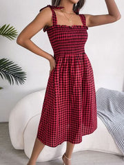 Frill Plaid Square Neck Midi Dress - Trendsi