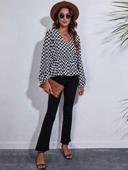 Checkered V-Neck Balloon Sleeve Peplum Blouse - Trendsi