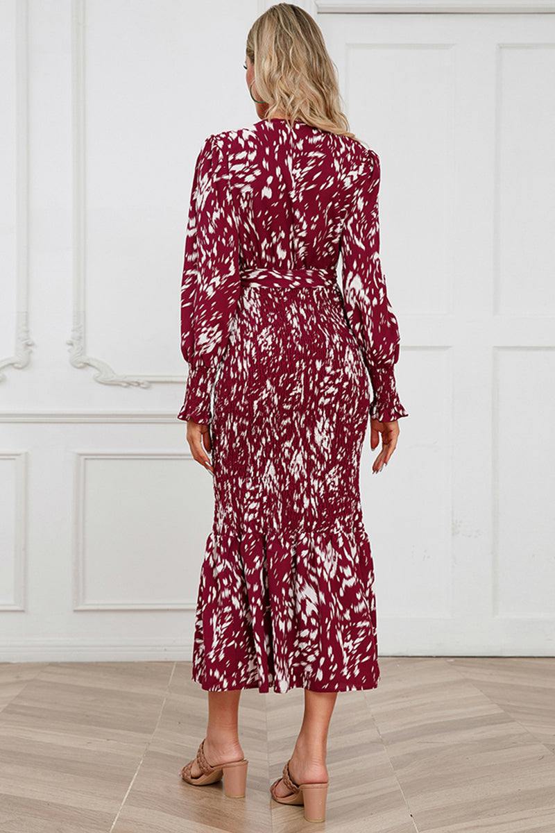 Printed V-Neck Smocked Midi Dress - Trendsi