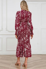 Printed V-Neck Smocked Midi Dress - Trendsi