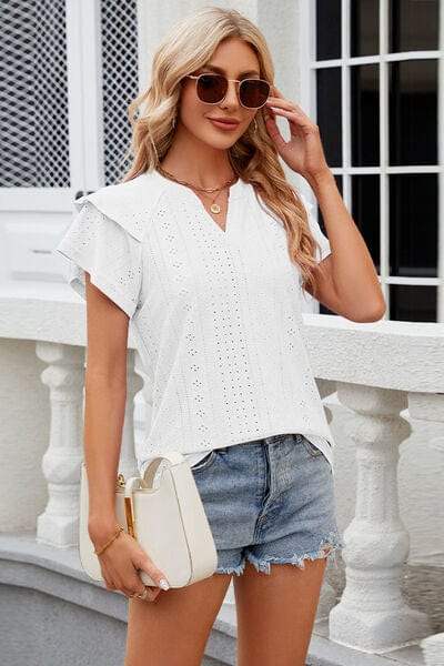 Eyelet Notched Short Sleeve T-Shirt - Trendsi - Flyclothing LLC