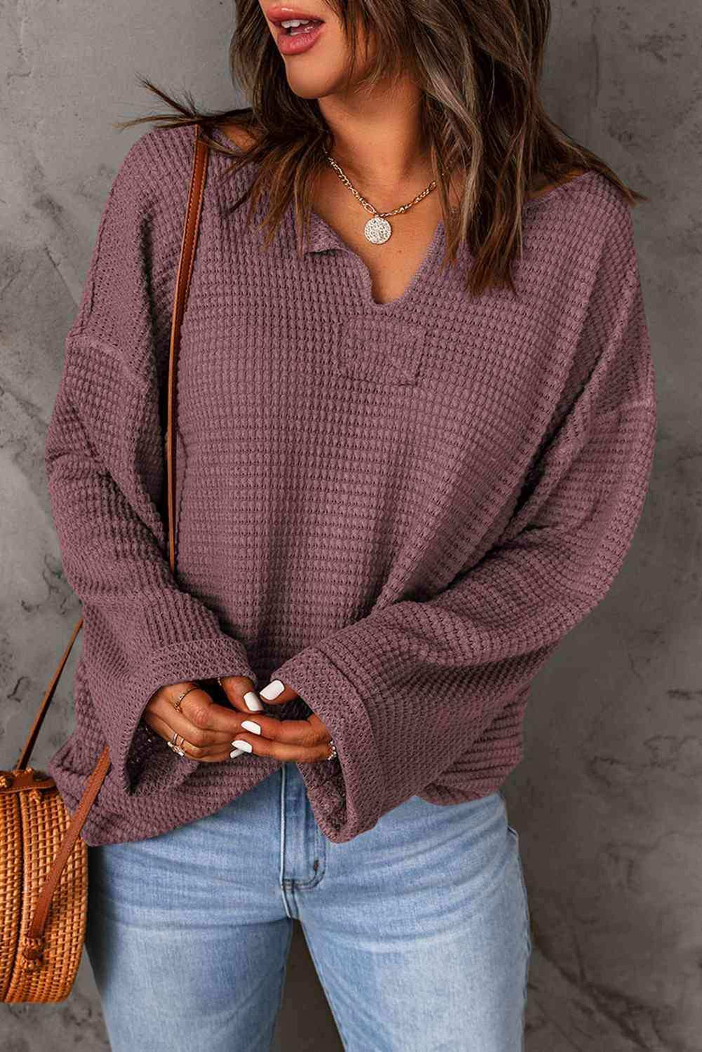 Notched Neck Drop Shoulder Blouse - Trendsi - Flyclothing LLC