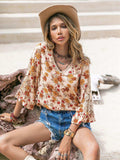Floral V-Neck Spliced Lace Blouse - Trendsi