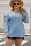 Plus Size Sheer Striped Sleeve V-Neck Top - Trendsi - Flyclothing LLC