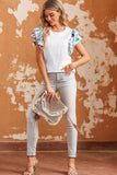 Multicolored Flutter Sleeve Round Neck Blouse - Trendsi - Flyclothing LLC