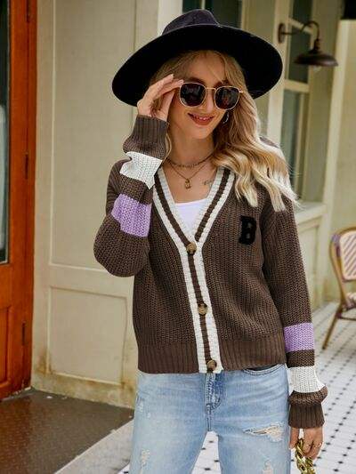 Contrast Button Up Dropped Shoulder Cardigan - Trendsi - Flyclothing LLC
