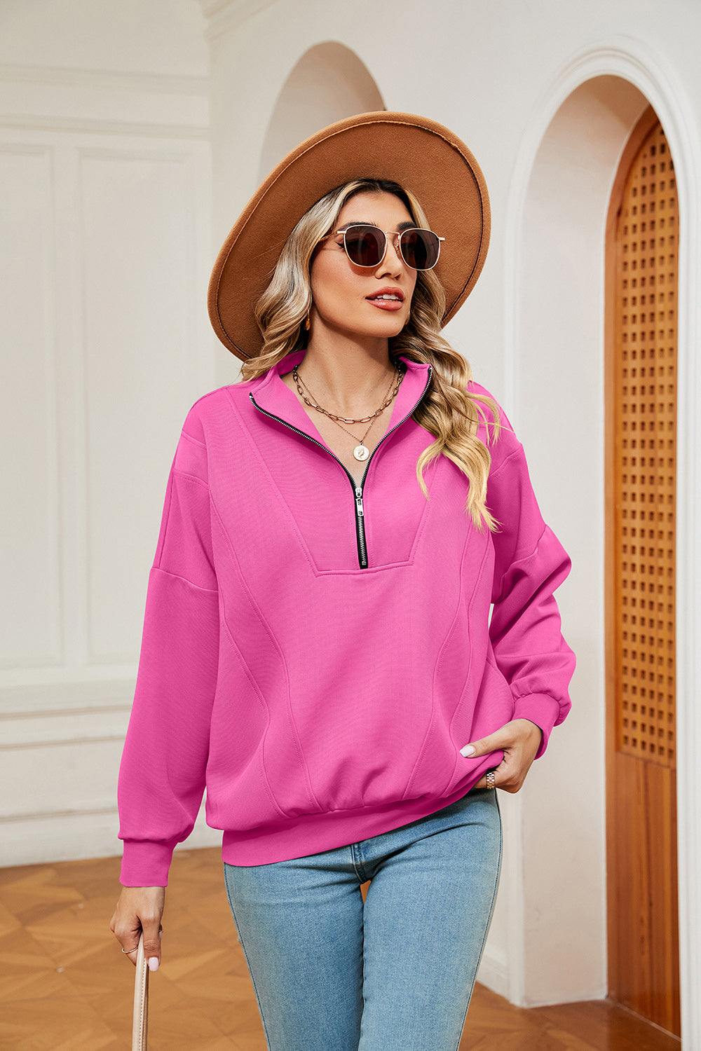 Half-Zip Dropped Shoulder Sweatshirt - Trendsi