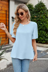 Pleated Flutter Sleeve Round Neck Blouse - Trendsi - Flyclothing LLC