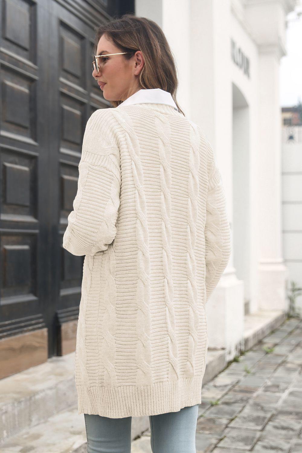 Open Front Cable-Knit Cardigan - Trendsi